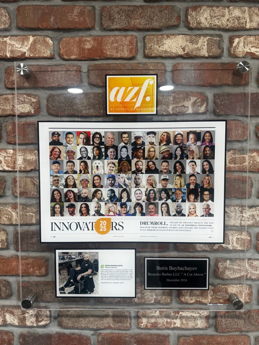 AZ Foothills Innovators 2025 award plaque for Bespoke Barber on brick wall